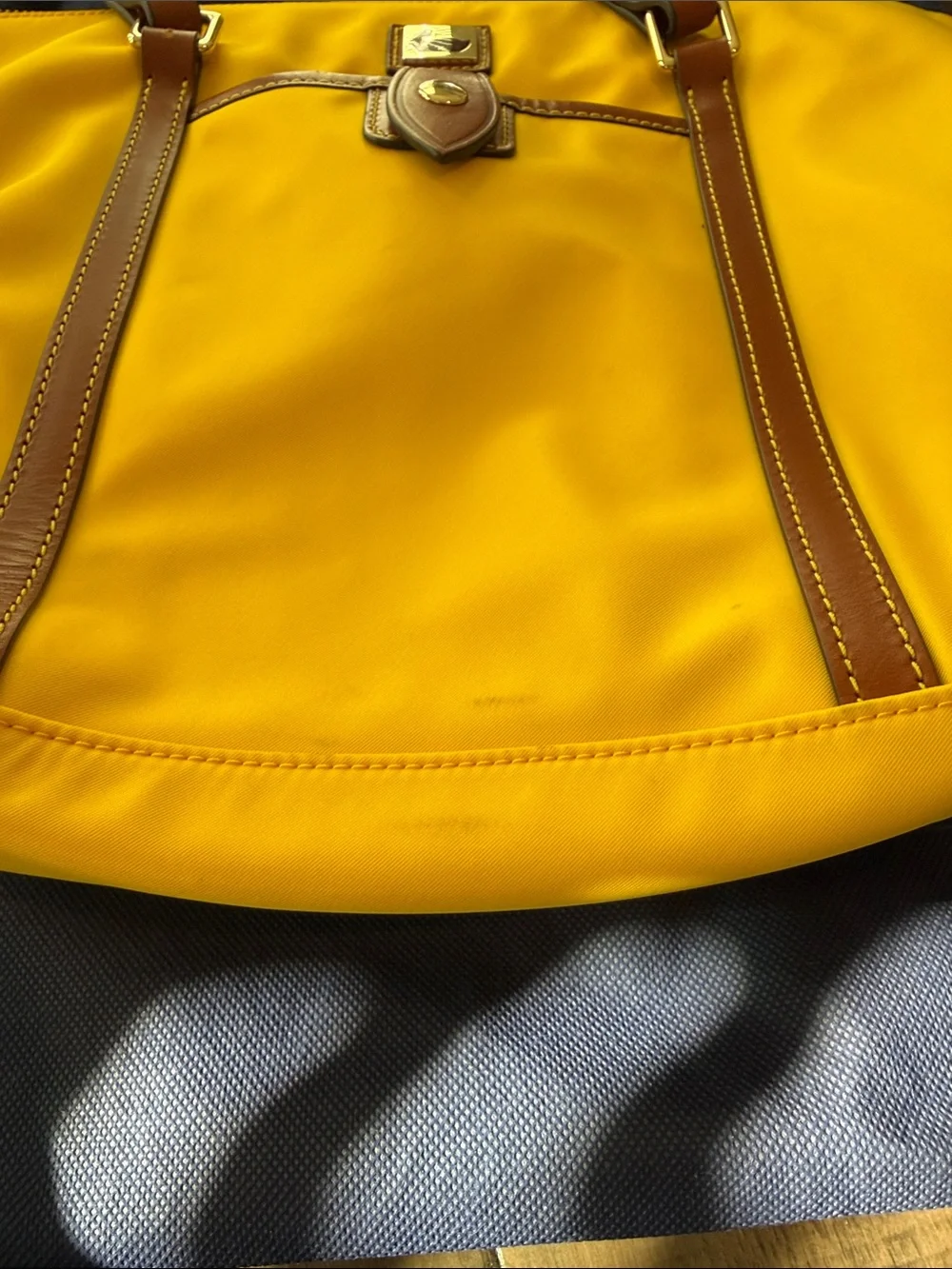 Dooney & Bourke Yellow Tote with Brown Leather Trim and Dual Carry Straps